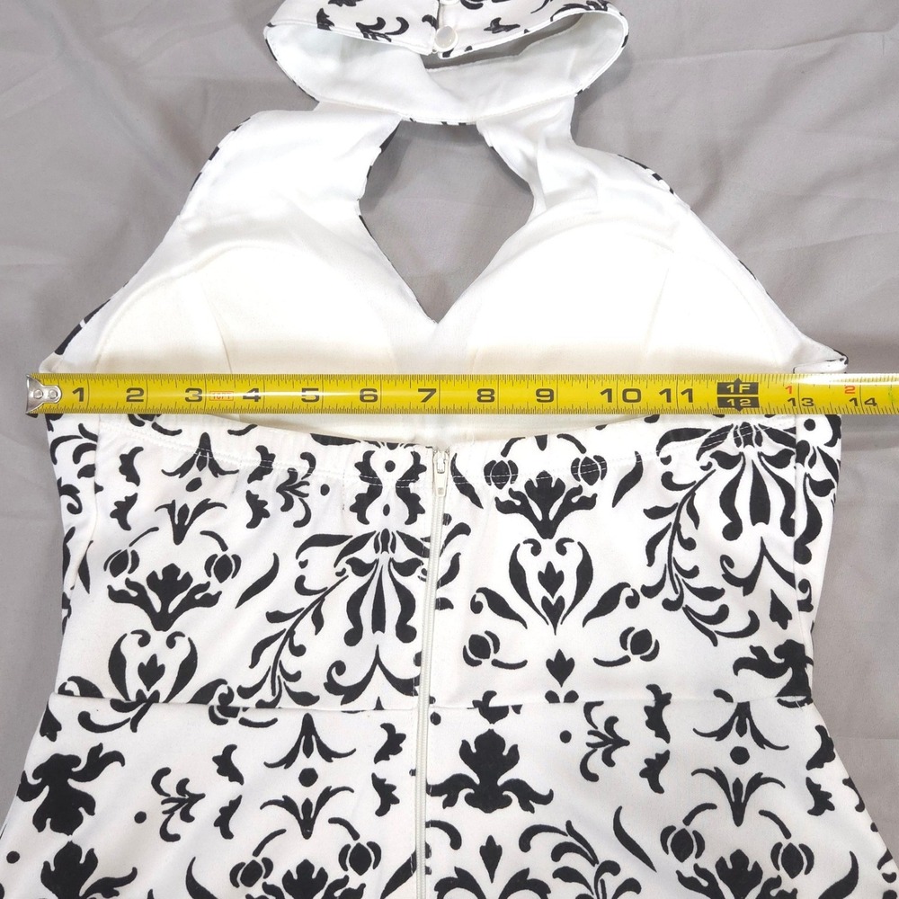 Damask Halter Keyhole Fit Flare Mini Dress Sz 5 Whimsigoth Coquette Black White - Picture 11 of 13